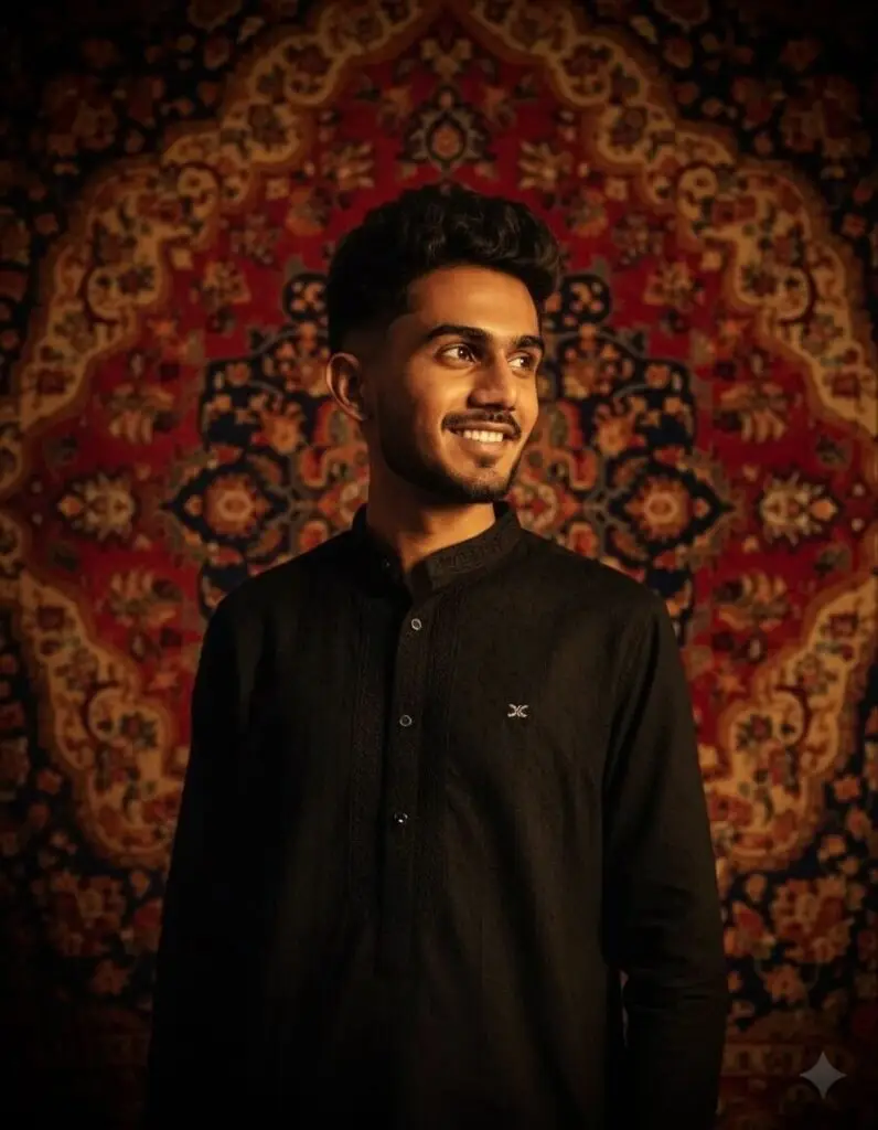 Warm Cinematic Portrait with Persian Backdrop
