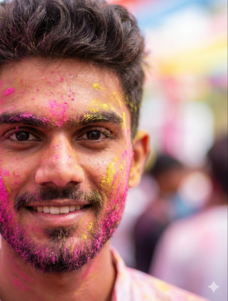 Holi Prompt Boy (2025) – Cinematic Gemini AI Holi Photo Prompt for Boys close up holi face portrait close up holi face portrait