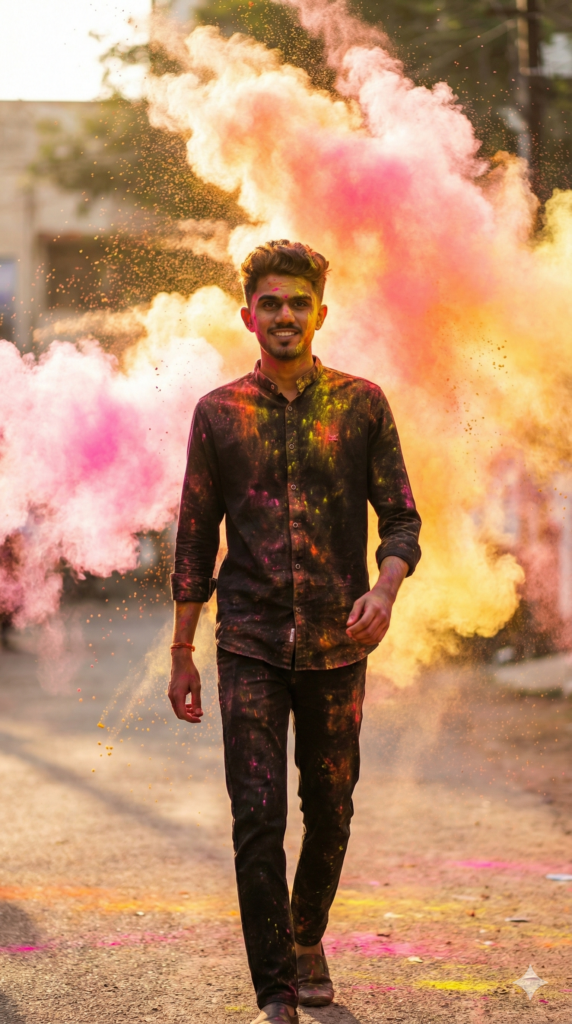 Holi Prompt Boy (2025) – Cinematic Gemini AI Holi Photo Prompt for Boys holi prompt boy (2025) slow motion hero holi entry