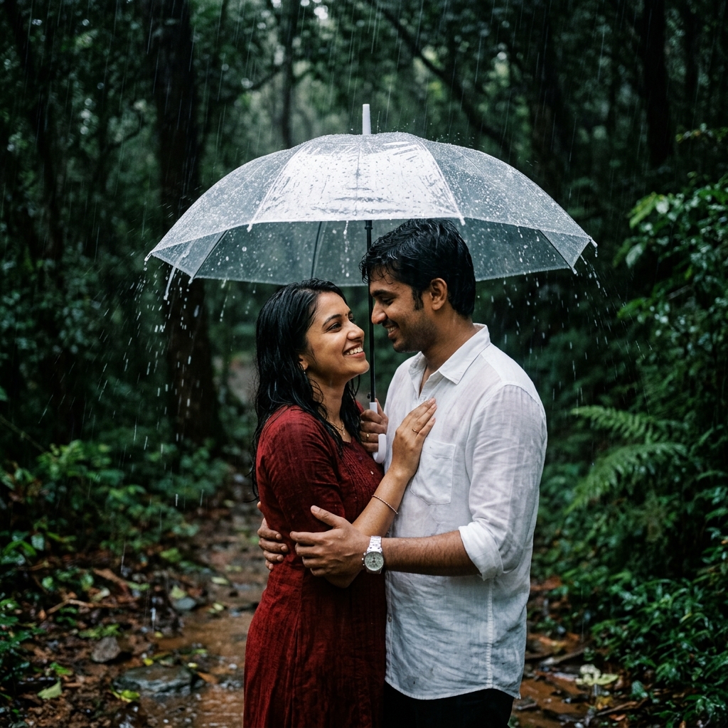 Couple Clear Umbrella Rain Photo Editing Prompt