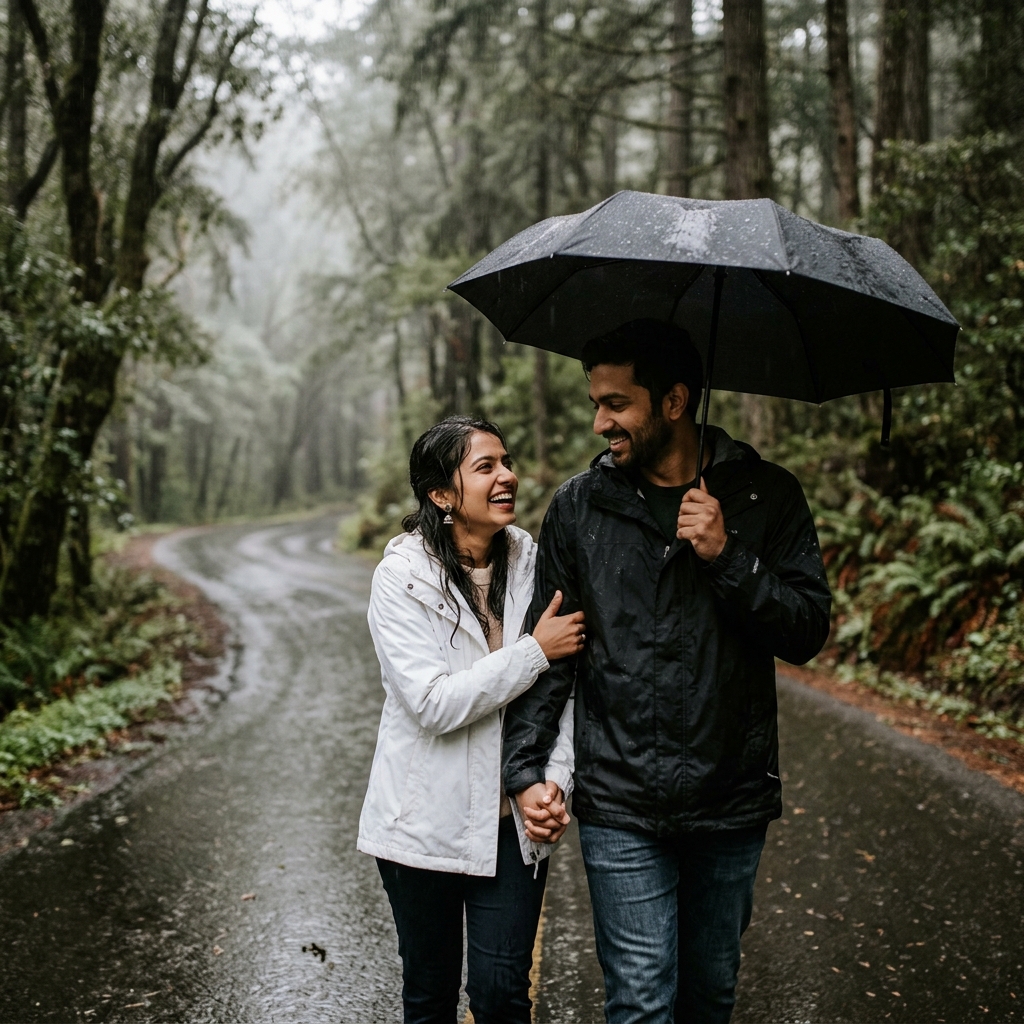 Romantic Couple Umbrella Walk AI Photo Editing Prompt