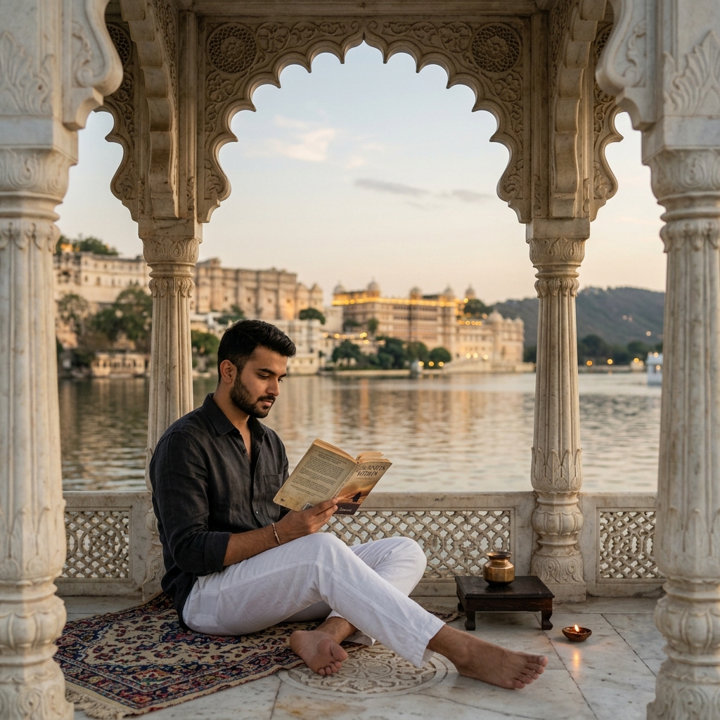 Udaipur Palace Reading Aesthetic Photo Prompt