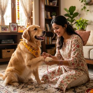 Cute Girl Tying Rakhi To Golden Retriever Dog Prompt