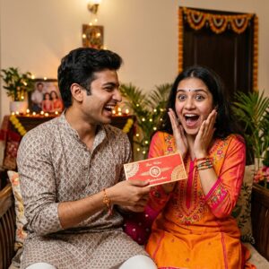 Excited Sister Getting Rakhi Gift Envelope Prompt