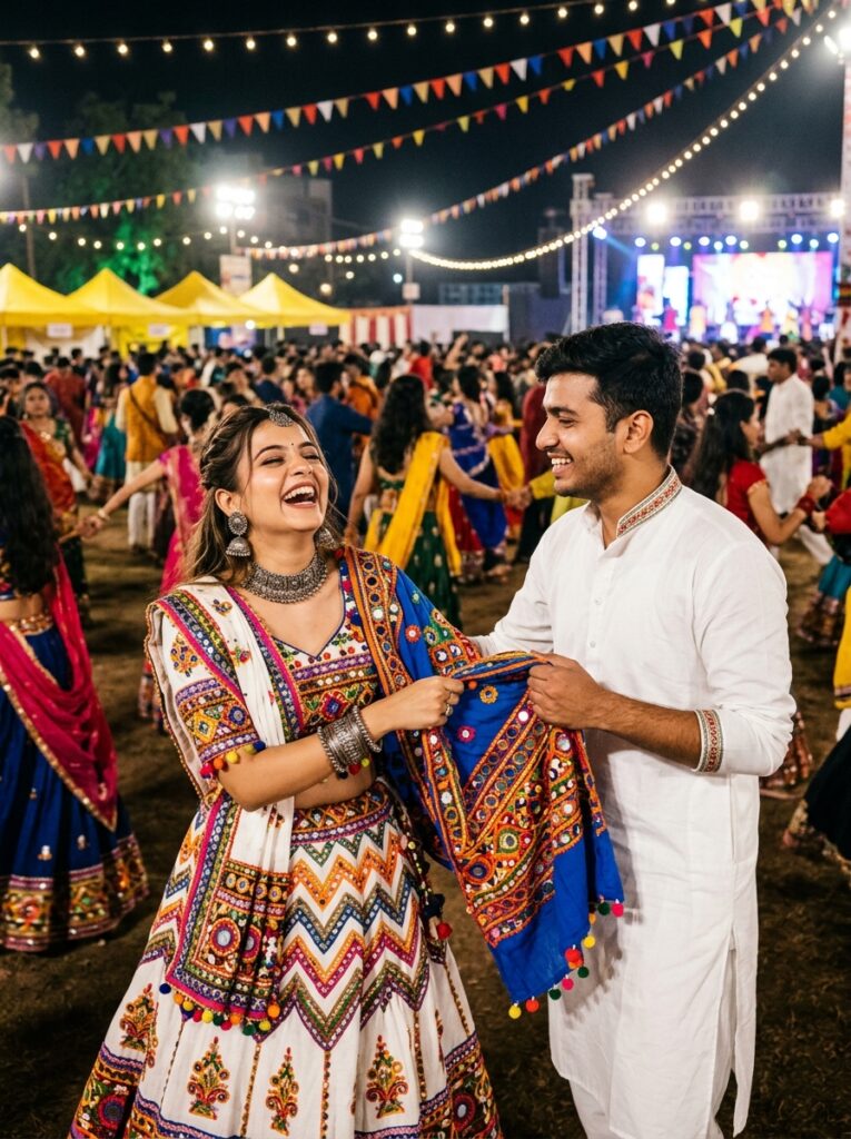 Navratri Couple Prompt: The Playful Dupatta Pull